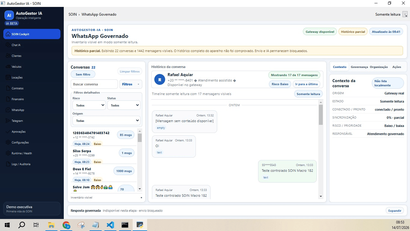 Painel do WhatsApp Governado exibindo conversas recebidas em teste controlado.